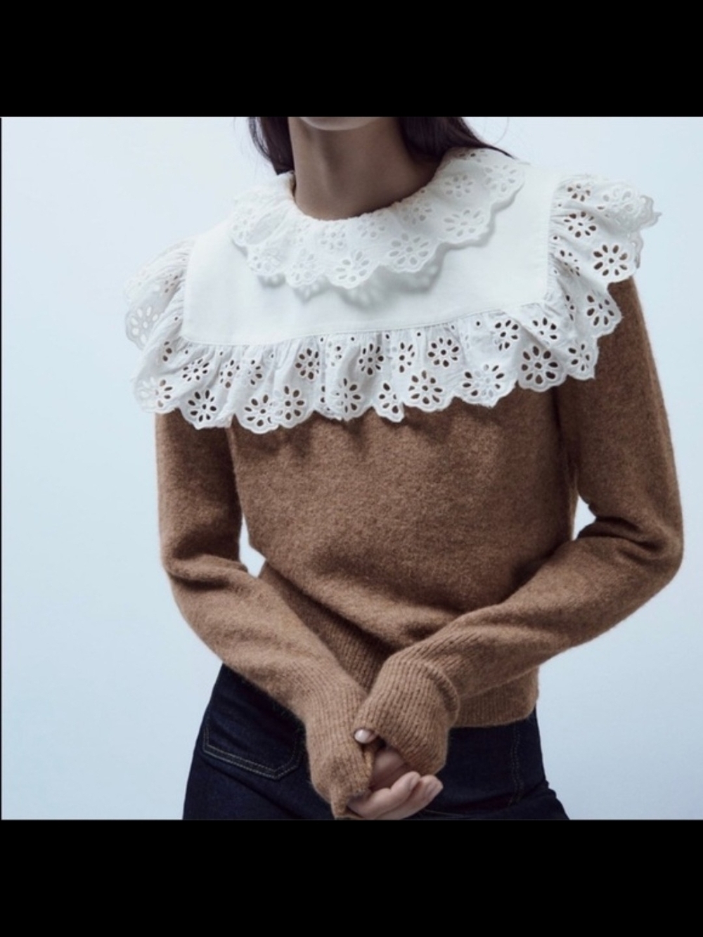 Zara Women’s Combination Wool Blend Sweater Oversized Lace Collar XS